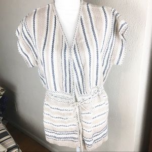Chico’s Cardigan with Tassel Tie ,Tan/Blue/White